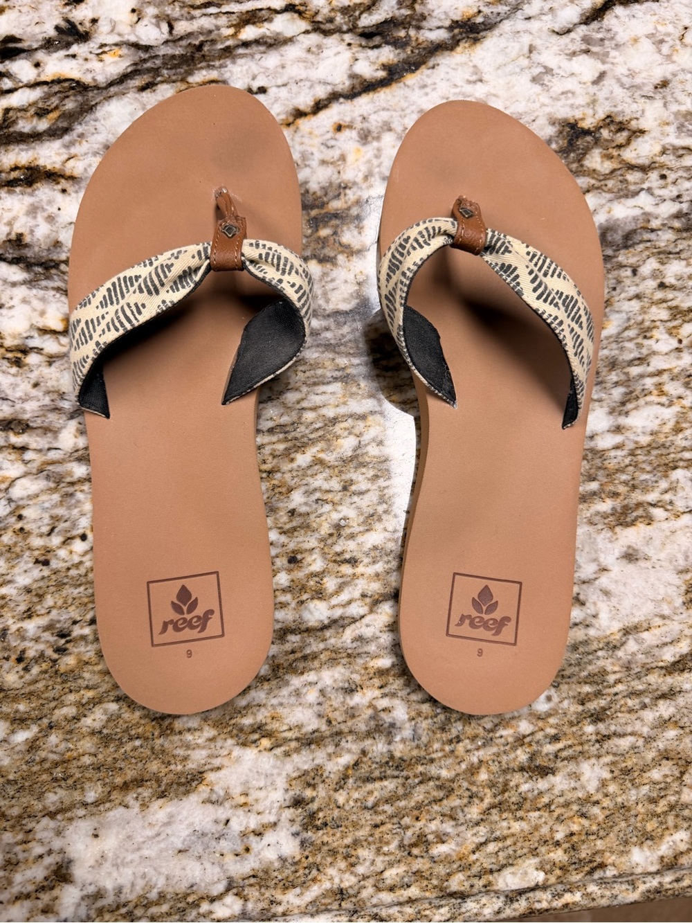 Reef Women’s US 9 Beige Brown Black Geometric Pattern Thong Sandals Flip Flops
